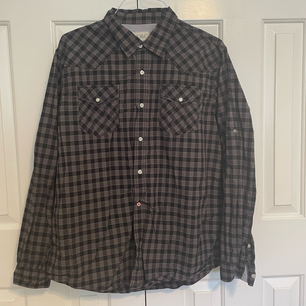 Mens PD&C Casual Button Up Black & Gray Checked Pattern Shirt, XL